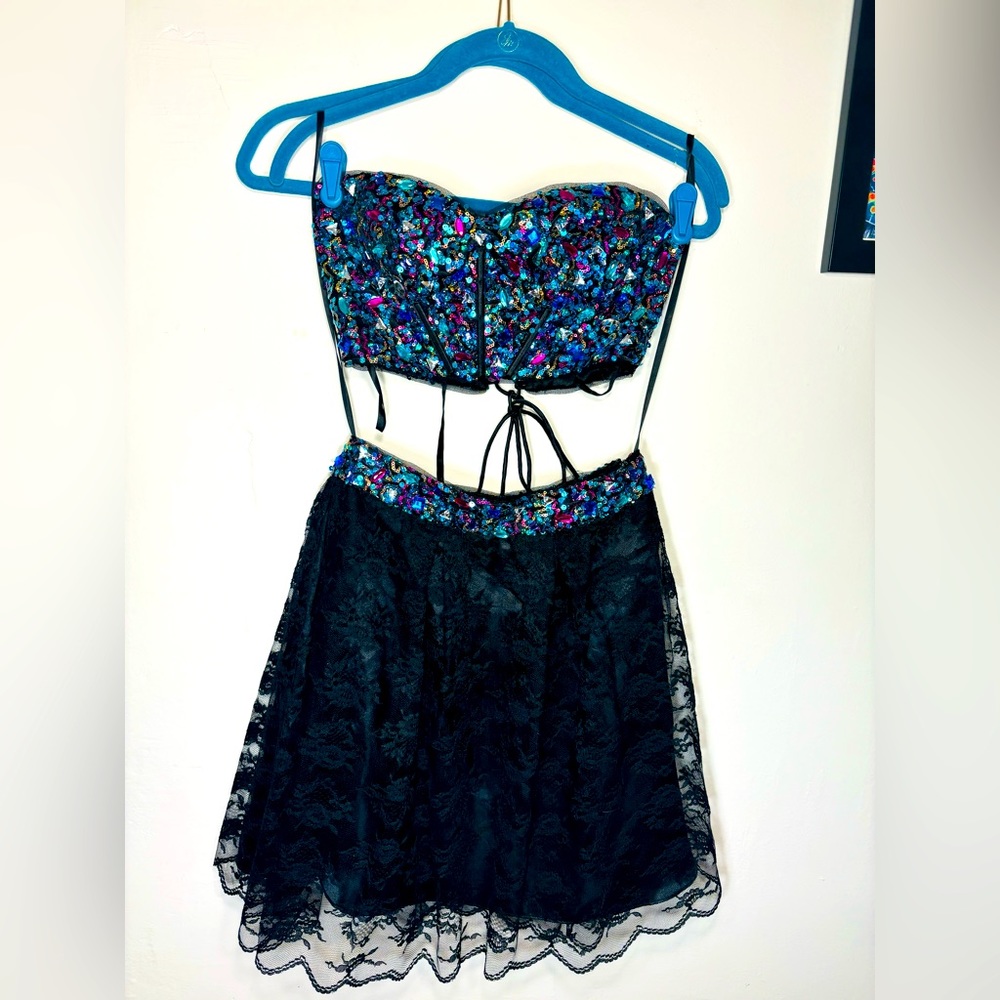 Blondie Nites 2 piece beaded crop top with matching lace skirt